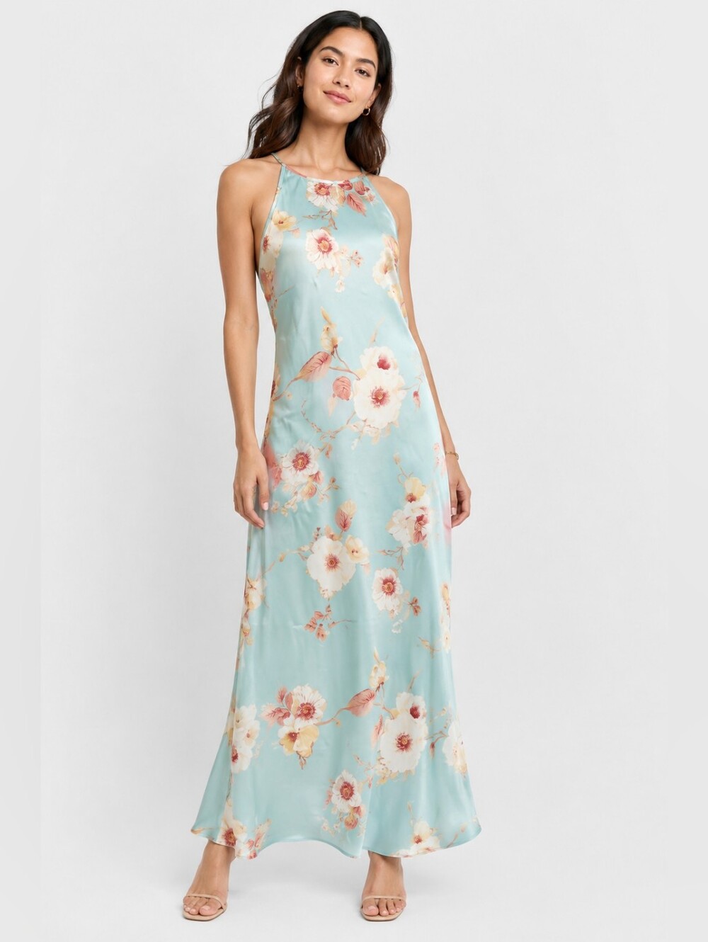 A New Day Mint Floral Satin Slip Maxi Dress Flowy Spring Summer NWT